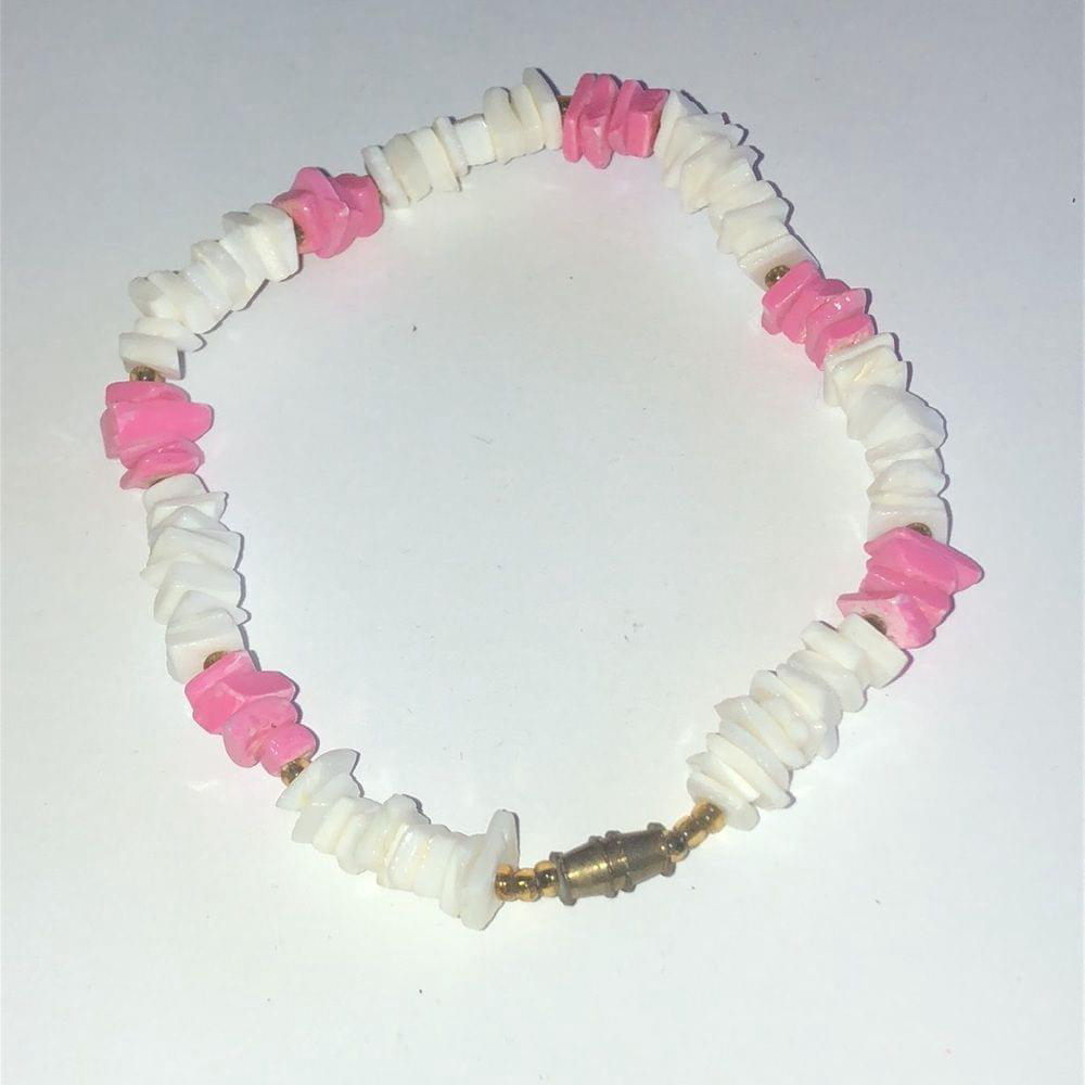 Vintage Boho Pink & White Puka Shell Chips Beaded Ankle Bracelet - Picture 4 of 5
